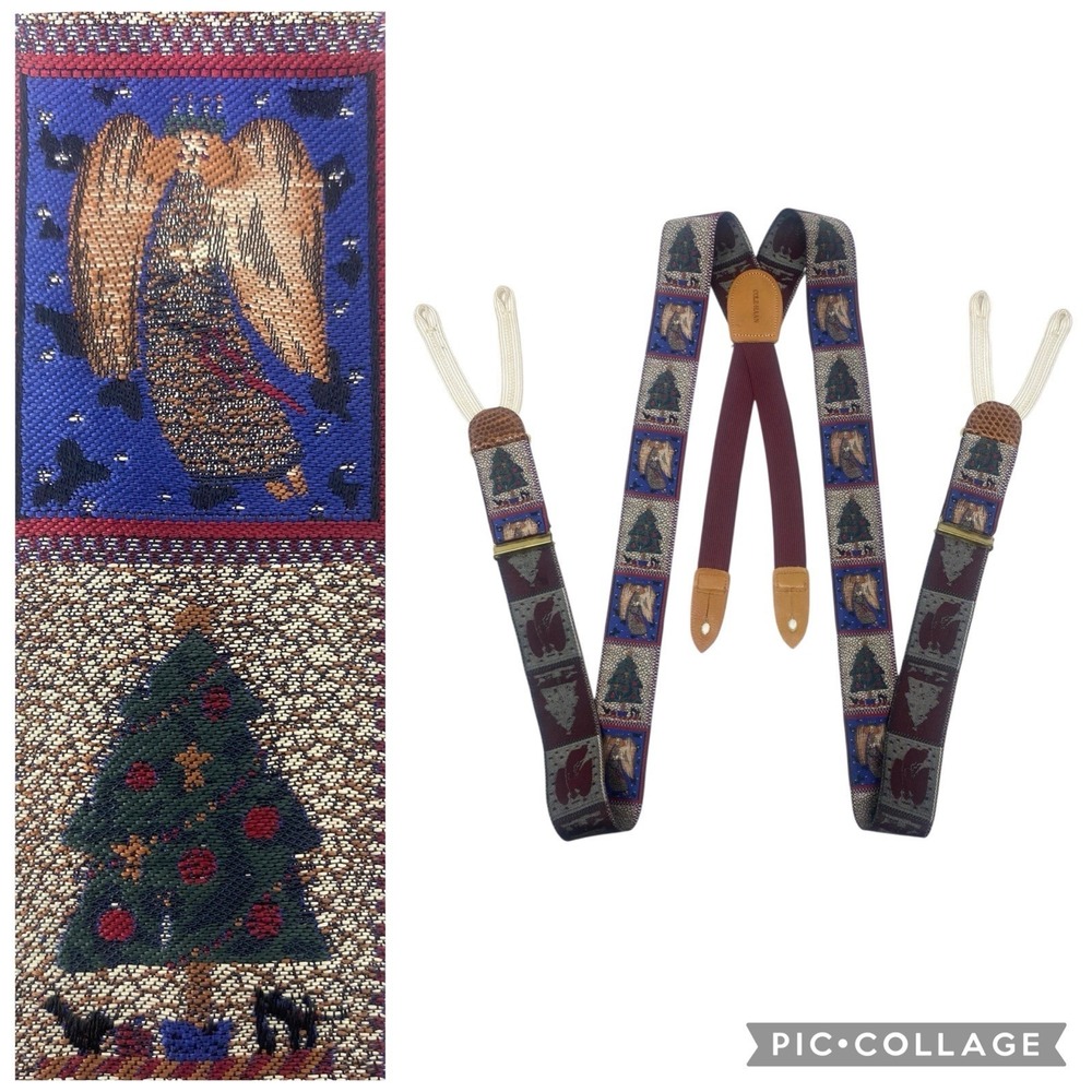 Cole Haan Christmas Tree Angel Suspenders Braces Silk Leather Embroidered - Picture 1 of 5